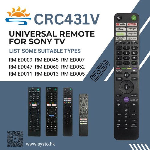 SYSTO丨CRC431V Universal Infrared Replacement for SONY Smart TV Remote Control