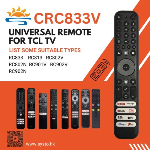 SYSTO丨CRC833V Universal Replacement Remote Control for TCL LED LCD TV